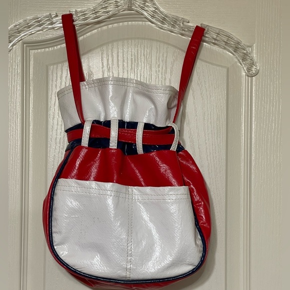 🔥SALE🔥Vintage Red, White & Blue 🇺🇸 Leather 1970s Drawstring Bucket Bag - Picture 2 of 9